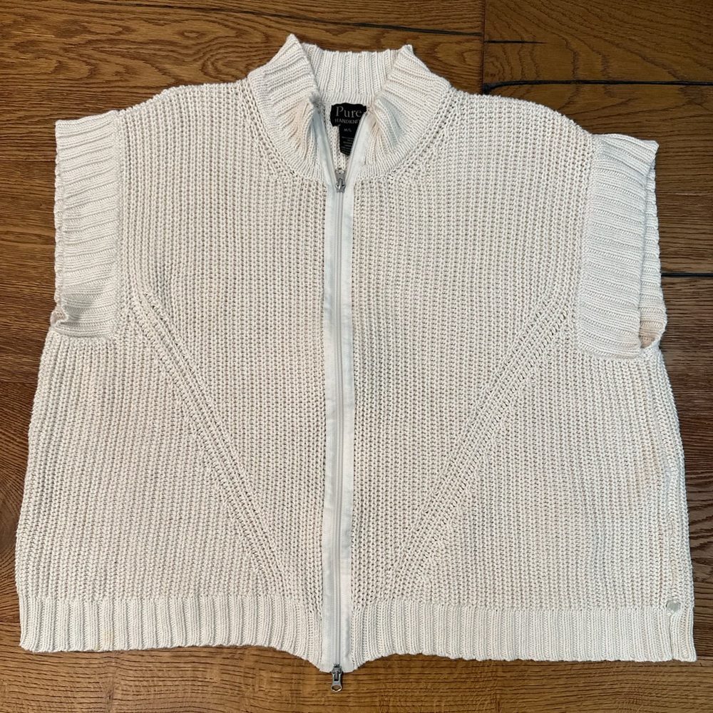 Vintage Pure Handknit 100% cotton Cream Zip-Front Sleeveless Knit Vest